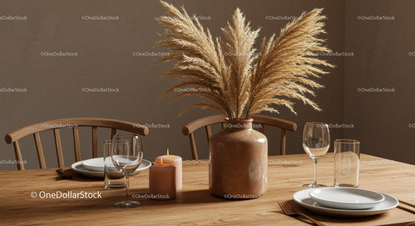 Elegancka Dekoracja Stołu Jadalnianego z Trawą Pampas i Świecami