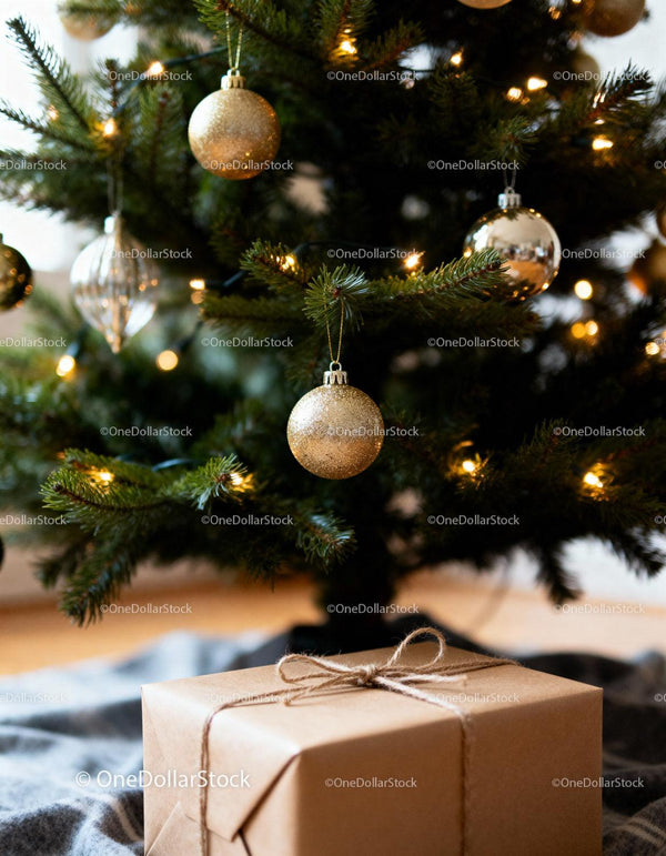 Christmas Tree with Golden Ornaments and Gift Box