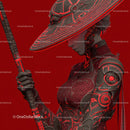 Futuristic Samurai in Neon Red Armor Holding Umbrella