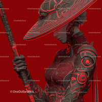 Futuristic Samurai in Neon Red Armor Holding Umbrella