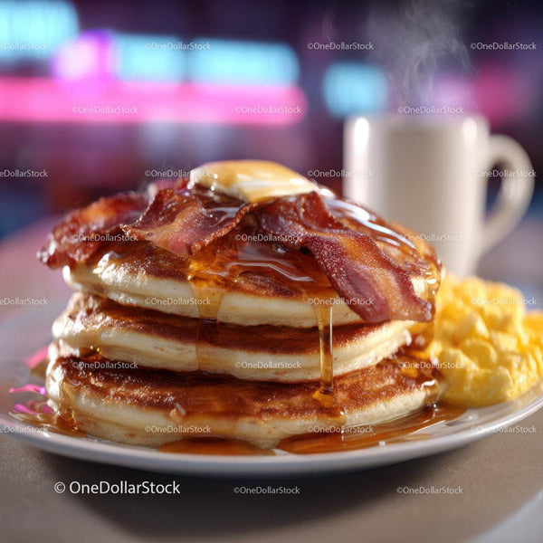 Stack of Fluffy Pancakes with Bacon and Maple Syrup