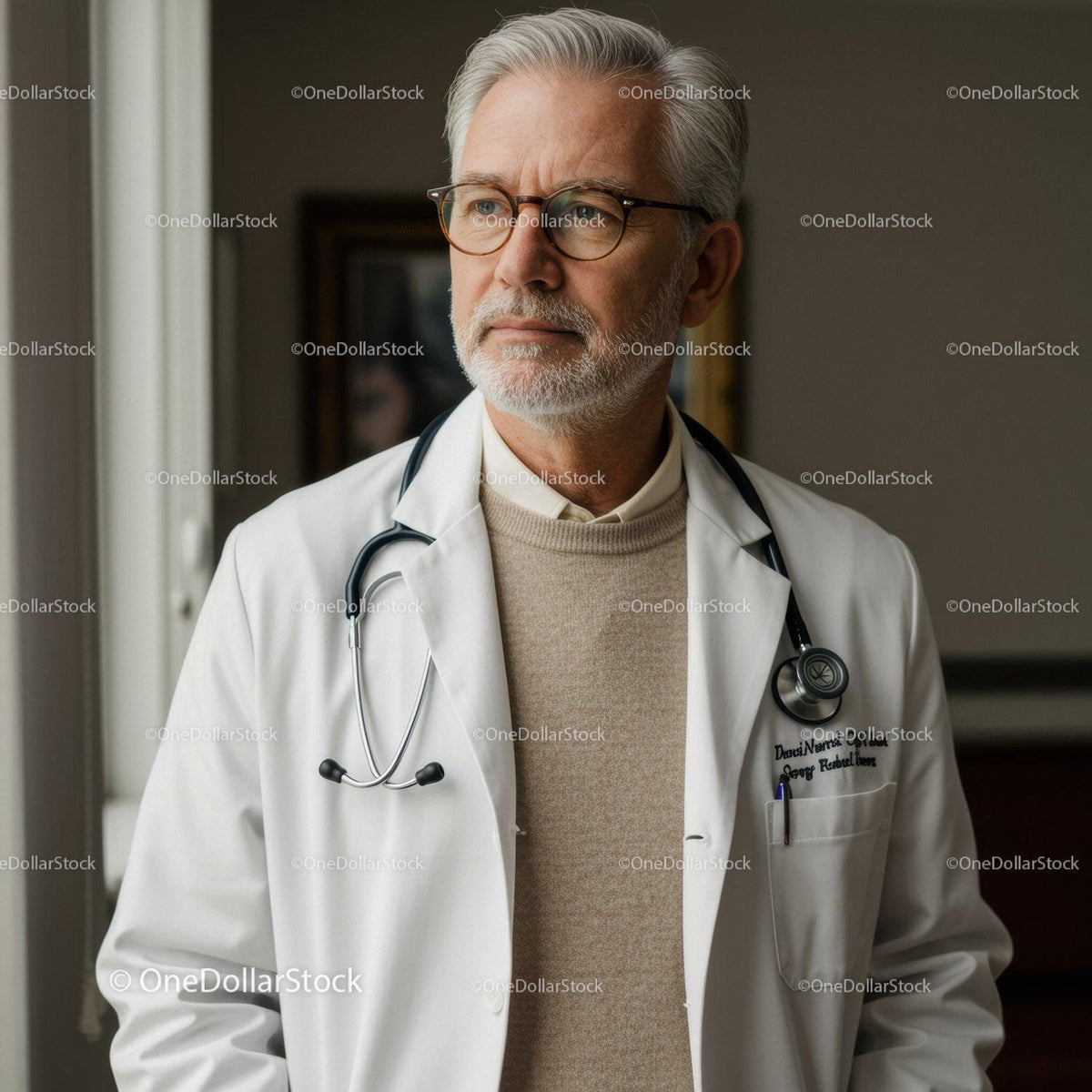 Senior Male Doctor with Stethoscope in Modern Hospital Setting
