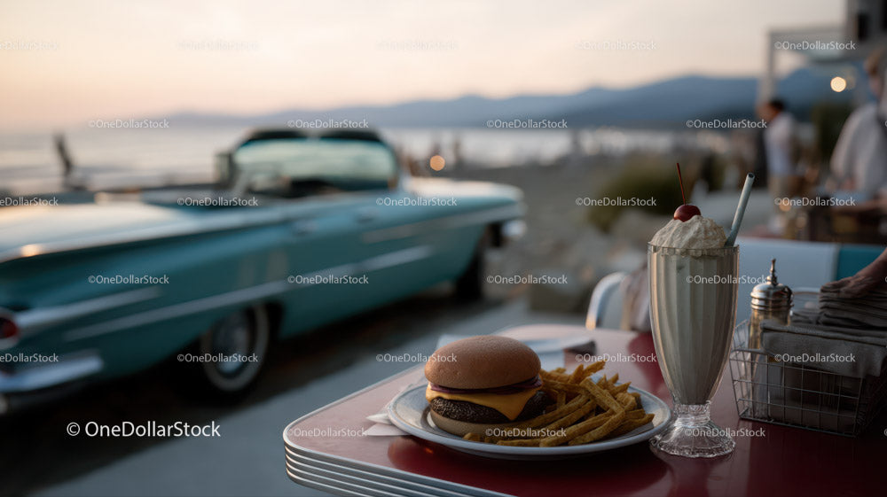 Beachside Diner Scene with Classic Car and Sunset View