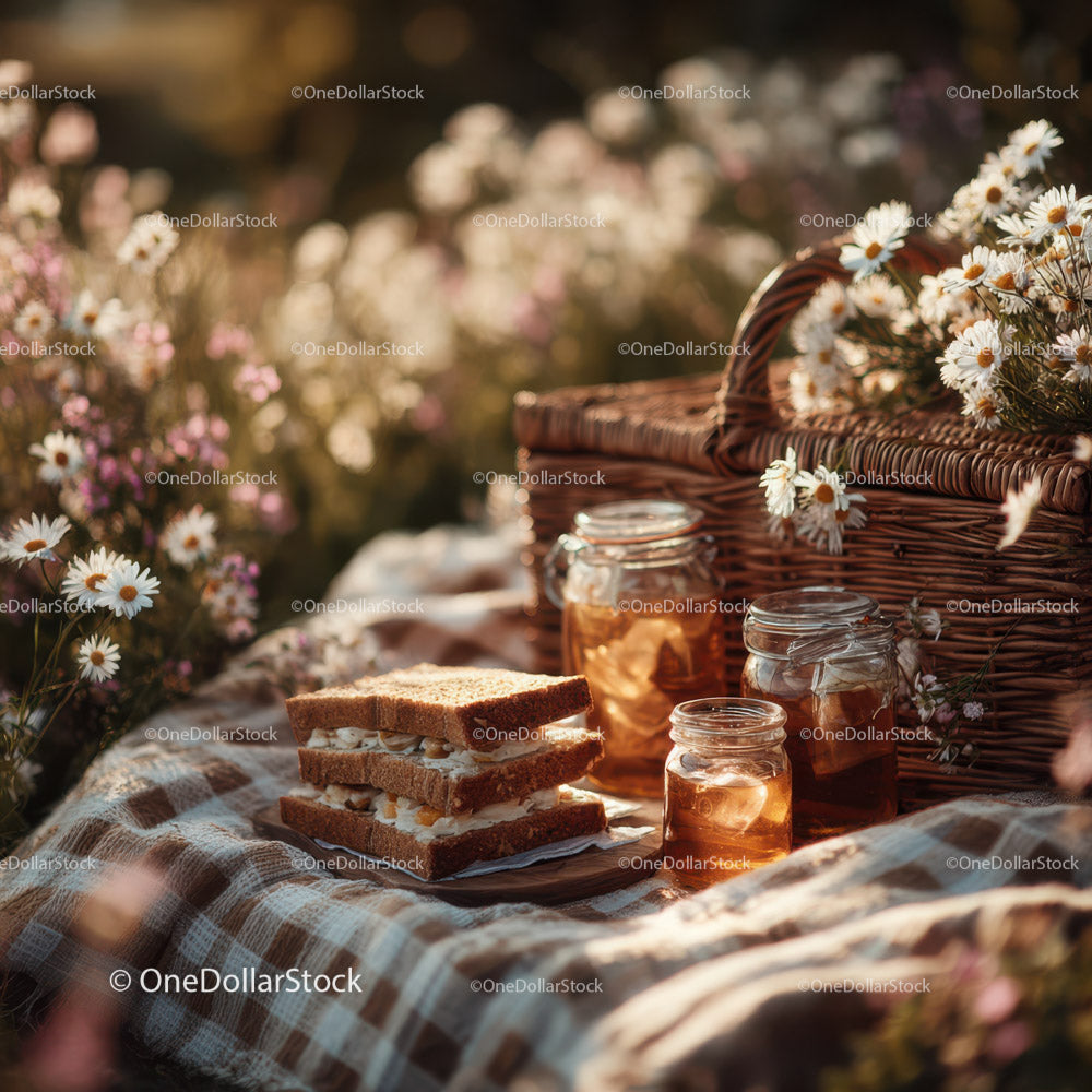 Rustic Summer Picnic Scene with Daisies and Honey Jars
