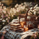 Rustic Summer Picnic Scene with Daisies and Honey Jars