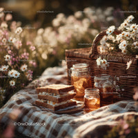 Rustic Summer Picnic Scene with Daisies and Honey Jars