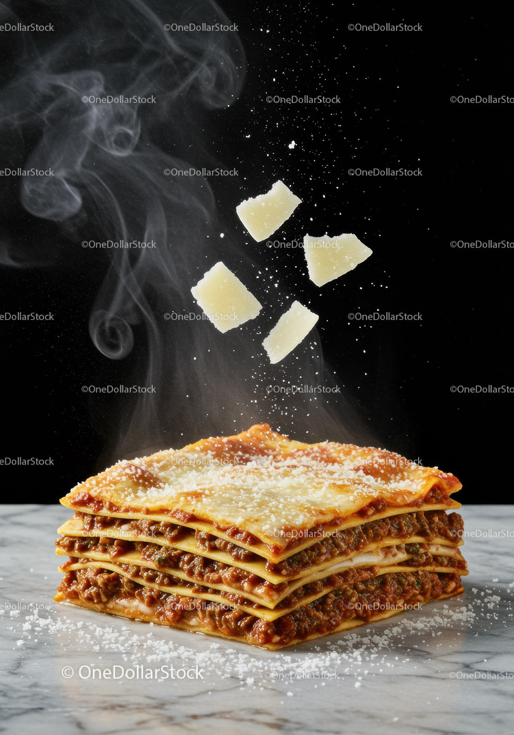 Steaming layered lasagna with falling cheese pieces