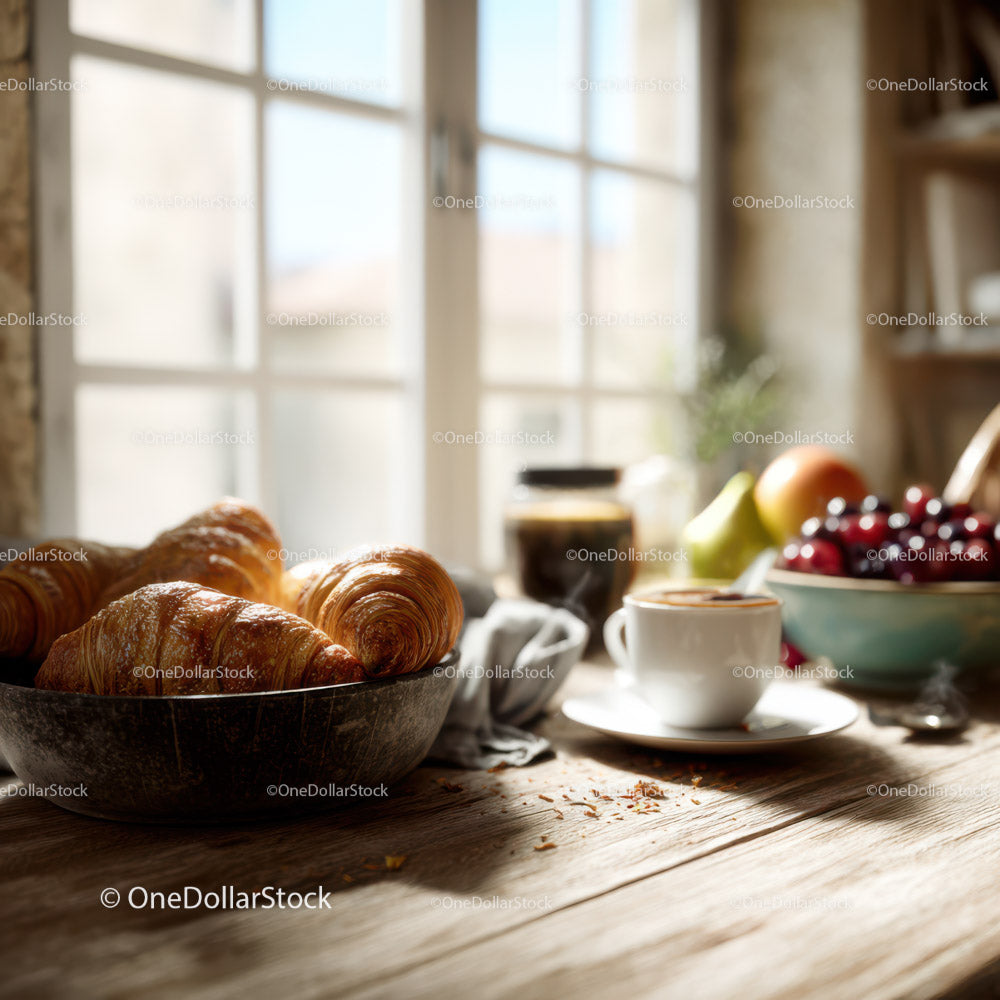Cozy rustic kitchen with croissant and fresh fruit on sunlit wooden table