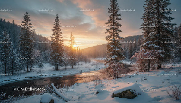 Winter sunrise over snowy forest and river landscape