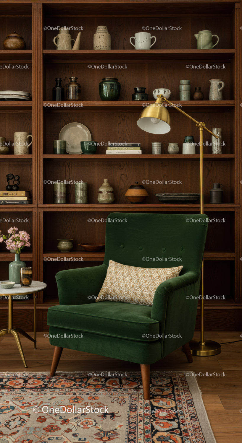 Przytulny kącik do czytania z zielonym fotelem i wystrojem w stylu vintage
