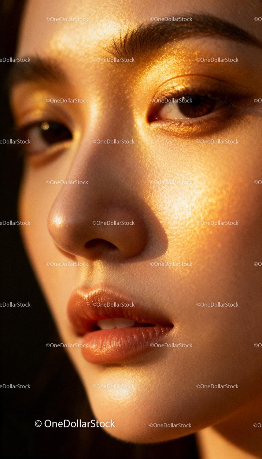 Close-up of woman with golden glowing skin in warm light