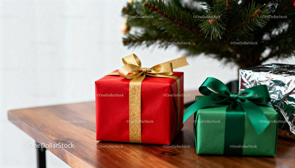 Holiday Gifts Wrapped with Elegant Ribbons on Wooden Table