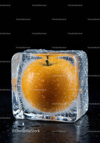 Fresh apricot encased in a clear ice cube