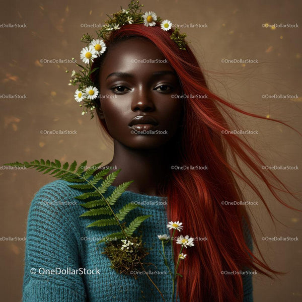 Vibrant Red Haired Woman with Floral Crown and Greenery