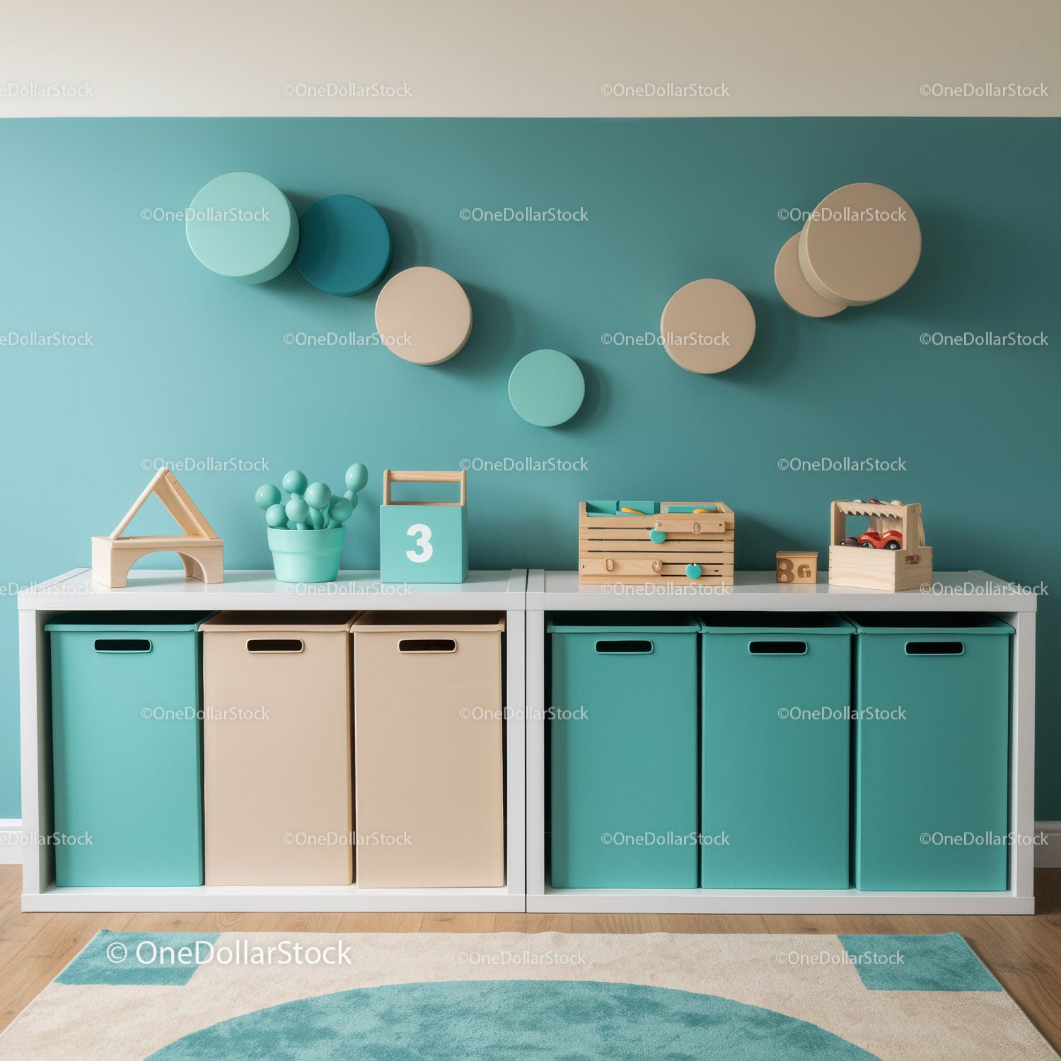Colorful Children's Toy Storage Bins in Modern Playroom with Pastel Blue Walls