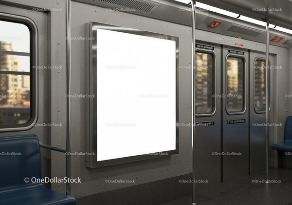 Empty advertisement board inside an urban subway car JPG Mockup Image