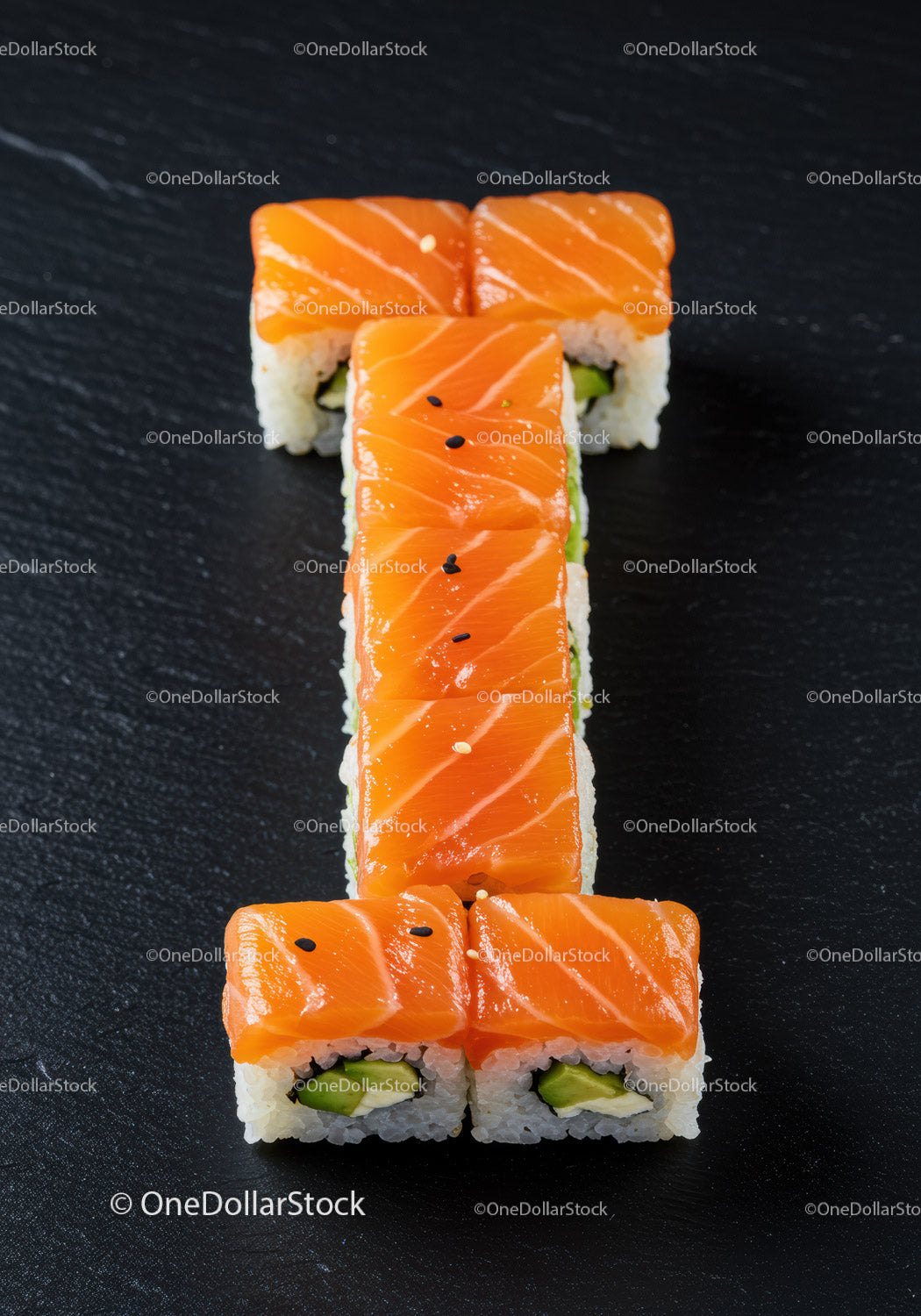 Fresh salmon sushi rolls arranged in a numeric shape