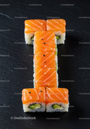 Fresh salmon sushi rolls arranged in a numeric shape