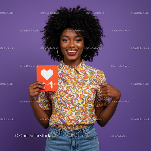 Joyful Woman Holding Heart Sign with Vibrant Patterned Shirt