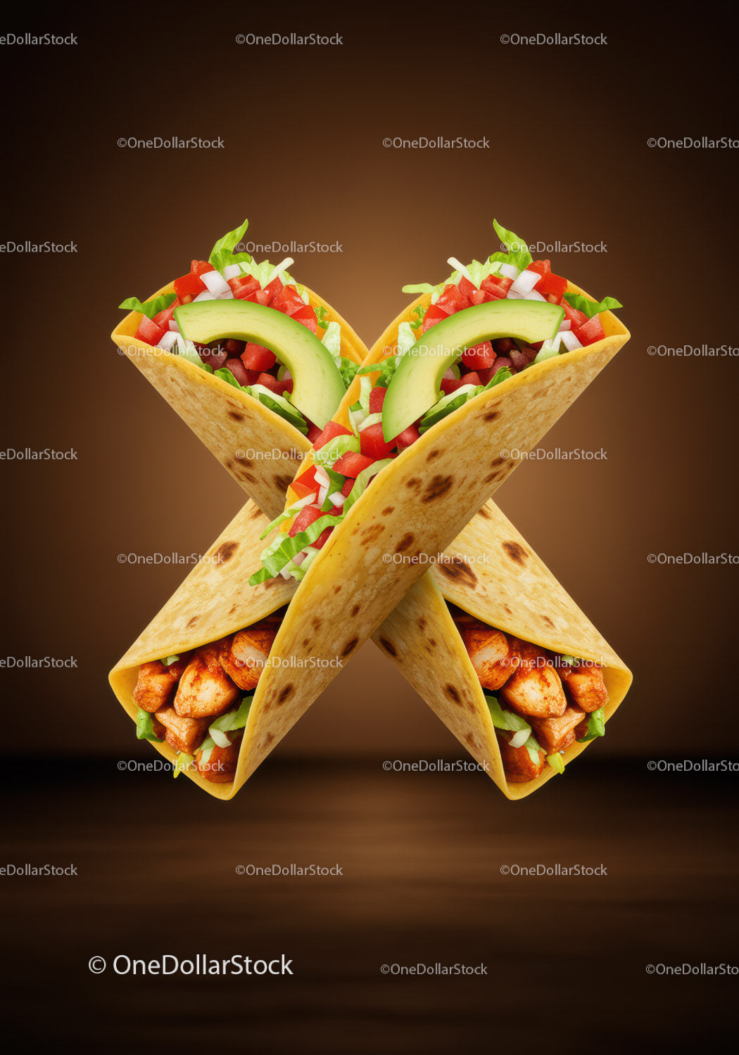 Two chicken tacos with fresh vegetables and avocado slices
