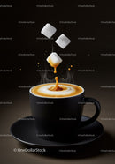 Sugar cubes falling into steaming coffee cup