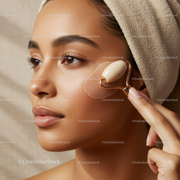 Close-up of Woman Using Jade Facial Roller for Skin Rejuvenation