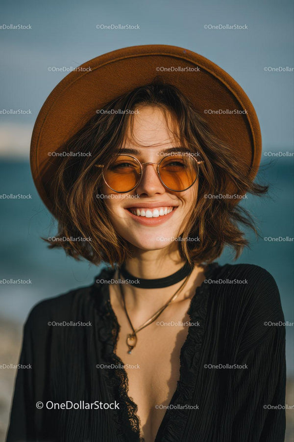 Smiling Woman Wearing Straw Hat and Sunglasses at Beach
