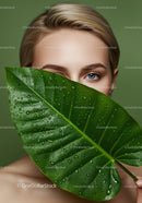 Woman with Blue Eyes Behind Large Green Leaf with Water Droplets