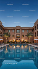 Luxury Hotel with Pool and Outdoor Lounge Under Clear Blue Sky