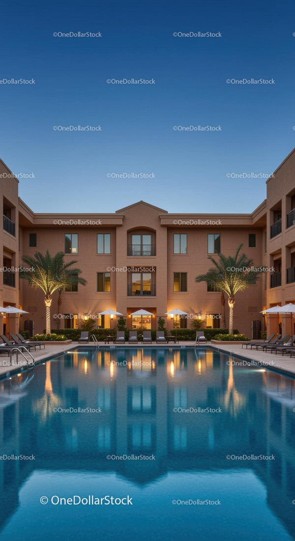 Luxury Hotel with Pool and Outdoor Lounge Under Clear Blue Sky