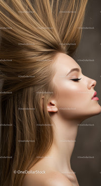 Profile of woman with flowing golden hair and closed eyes
