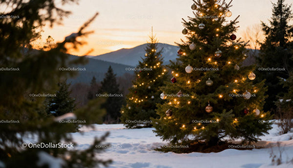 Decorated Christmas Trees in Snowy Mountain Landscape