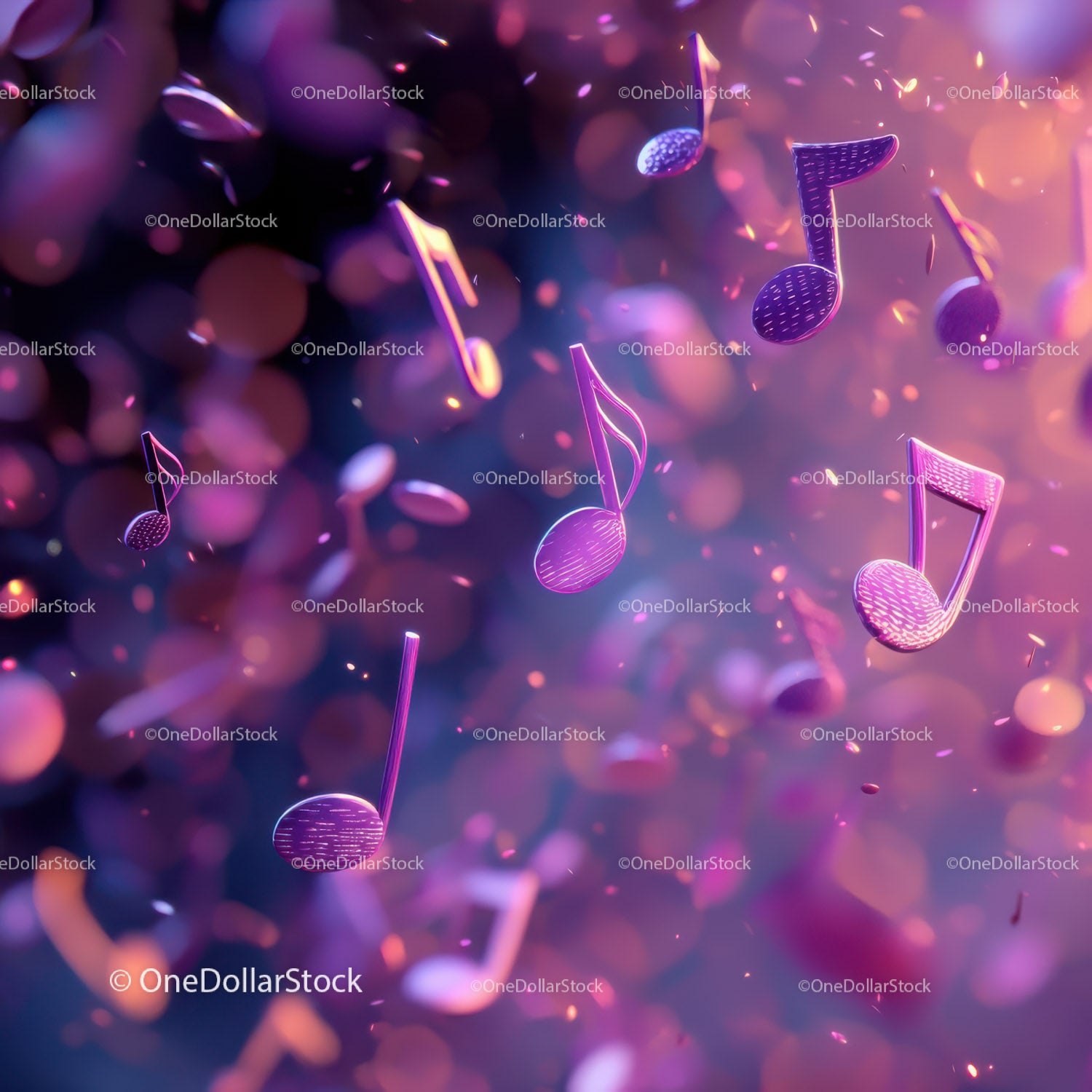 Vibrant Floating Music Notes in Neon Purple and Pink Hues