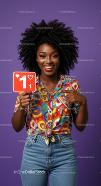 Joyful Woman Holding Number One Sign Against Purple Background