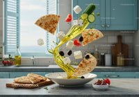 Mediterranean salad ingredients floating in kitchen light