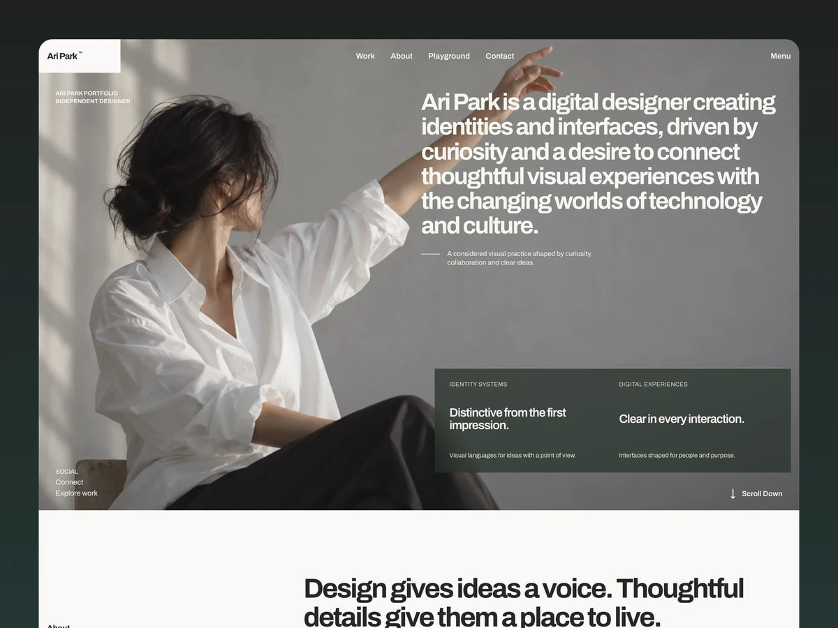 Editorial Portfolio template hero with an editorial studio portrait, white designer headline and dark neutral frame.