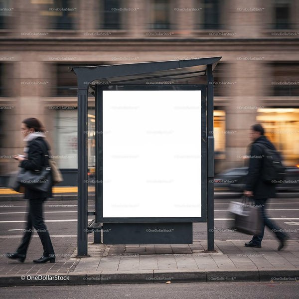 Blank billboard at busy urban bus stop with commuters JPG Mockup Image