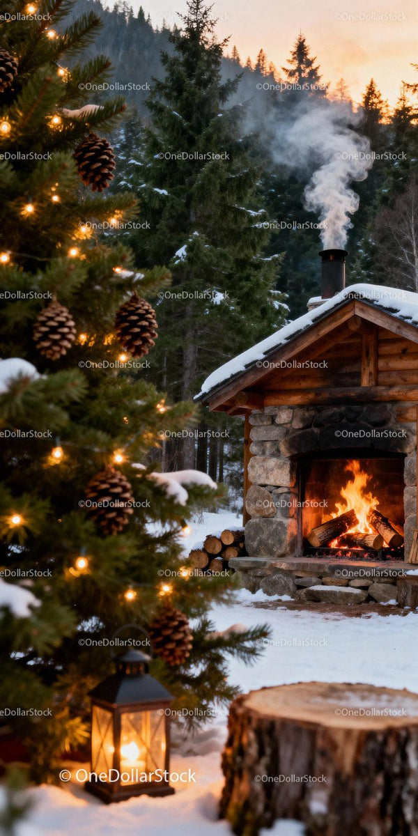 Cozy Winter Fireplace with Christmas Tree and Lantern