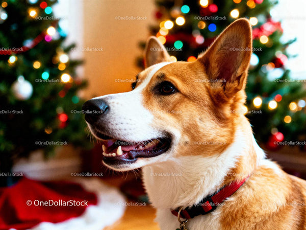 Szczęśliwy pies rasy corgi przy świątecznych światełkach choinki