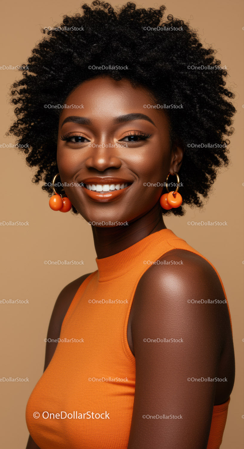 Portret uśmiechniętej Afrykanki z naturalnymi włosami afro w pomarańczowej bluzce