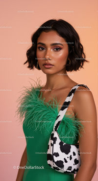 Elegant Woman in Green Feather Accessory and Cow Print Handbag