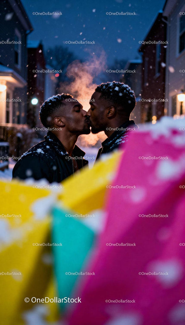 Couple sharing a warm kiss in snowy winter evening