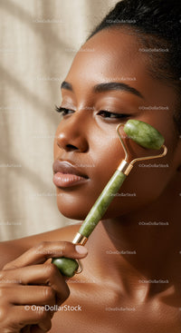 Young Woman Using Jade Roller for Face Massage and Skin Rejuvenation