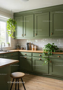 Stylish Green Kitchen with Wooden Countertop and Indoor Plants