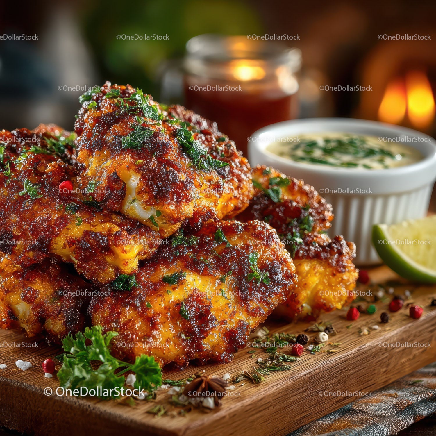 Crispy Spiced Chicken with Herbs and Lime on Wood Platter