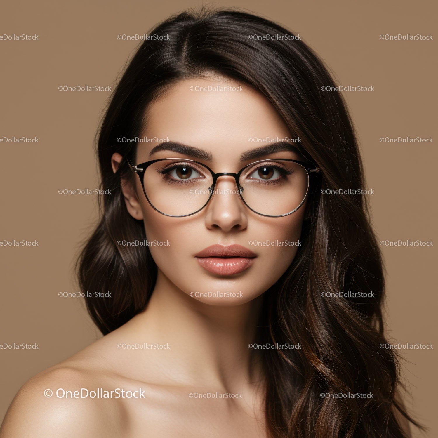Elegant Young Woman with Brown Hair and Stylish Glasses Portrait