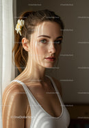 Young Woman with Sunlight Shadows Wearing White Tank Top