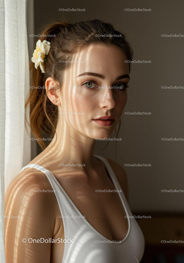 Young Woman with Sunlight Shadows Wearing White Tank Top