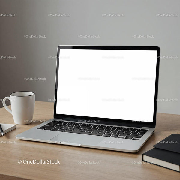 Modern laptop with coffee cup and notebook on desk JPG Mockup Image