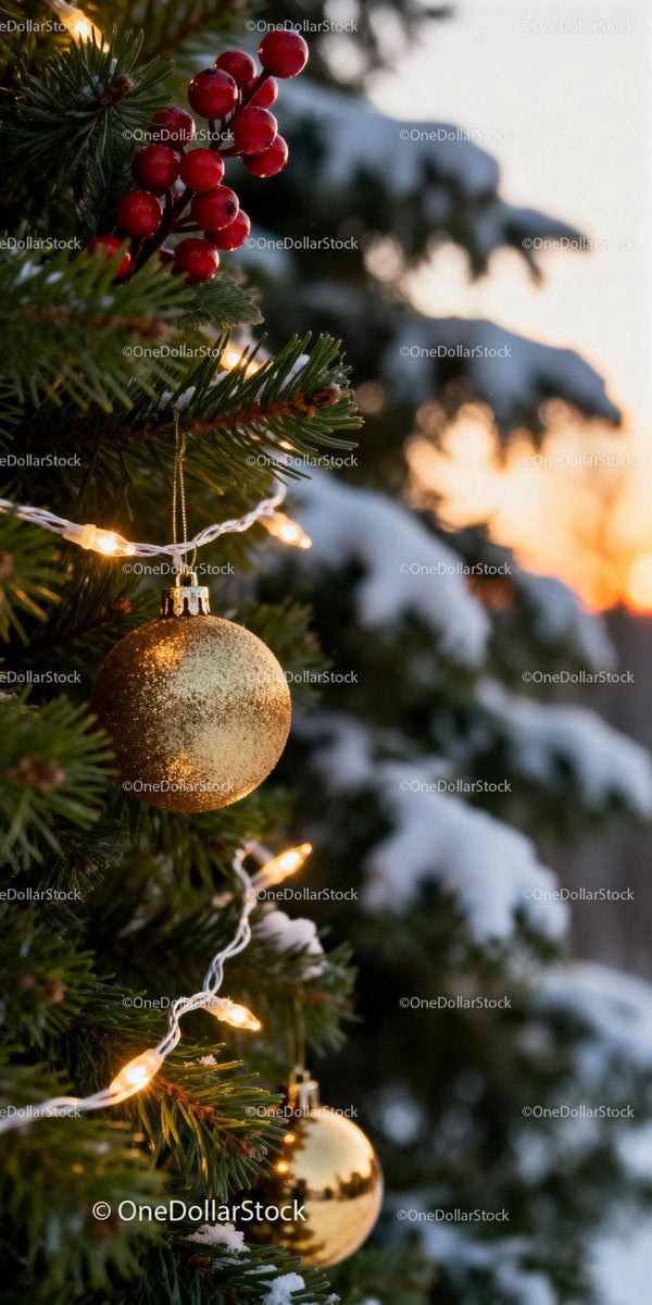 Golden baubles and red berries on snow-covered pine tree
